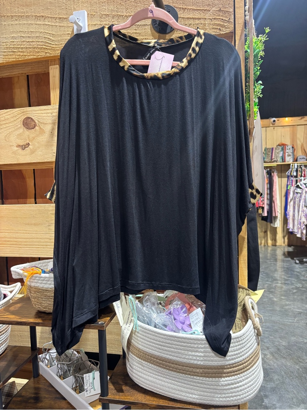 Black Women's Tunic with Leopard-Trim Neckline